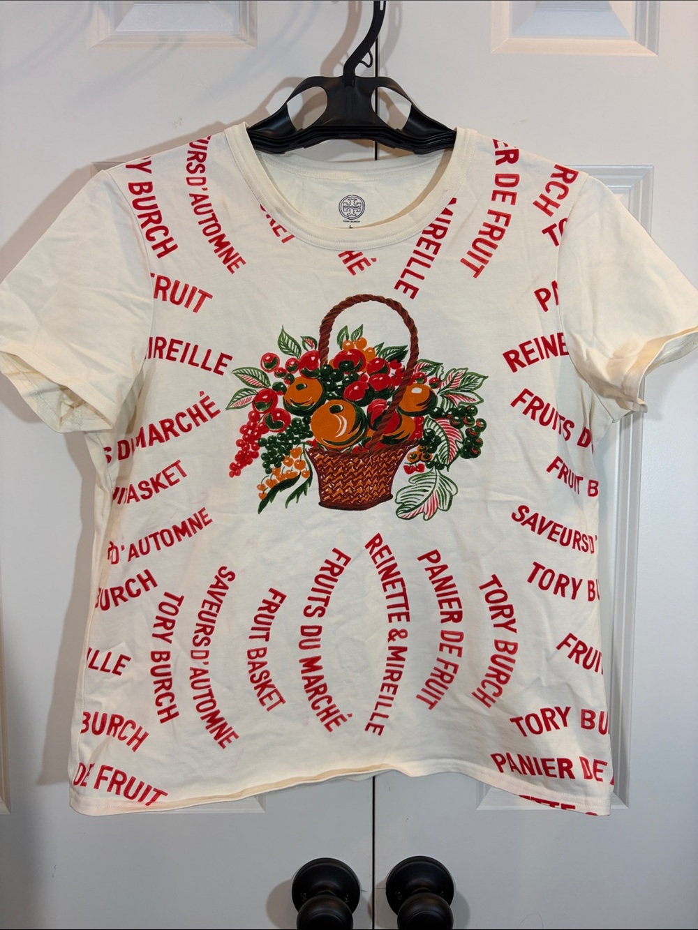 Tory Burch Cream Short-Sleeve Tee with Fruit Basket Graphic